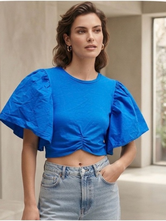 Zara Tops - Zara Blue  Exaggerated Puff-Sleeve Cropped Tee Size L NWOT